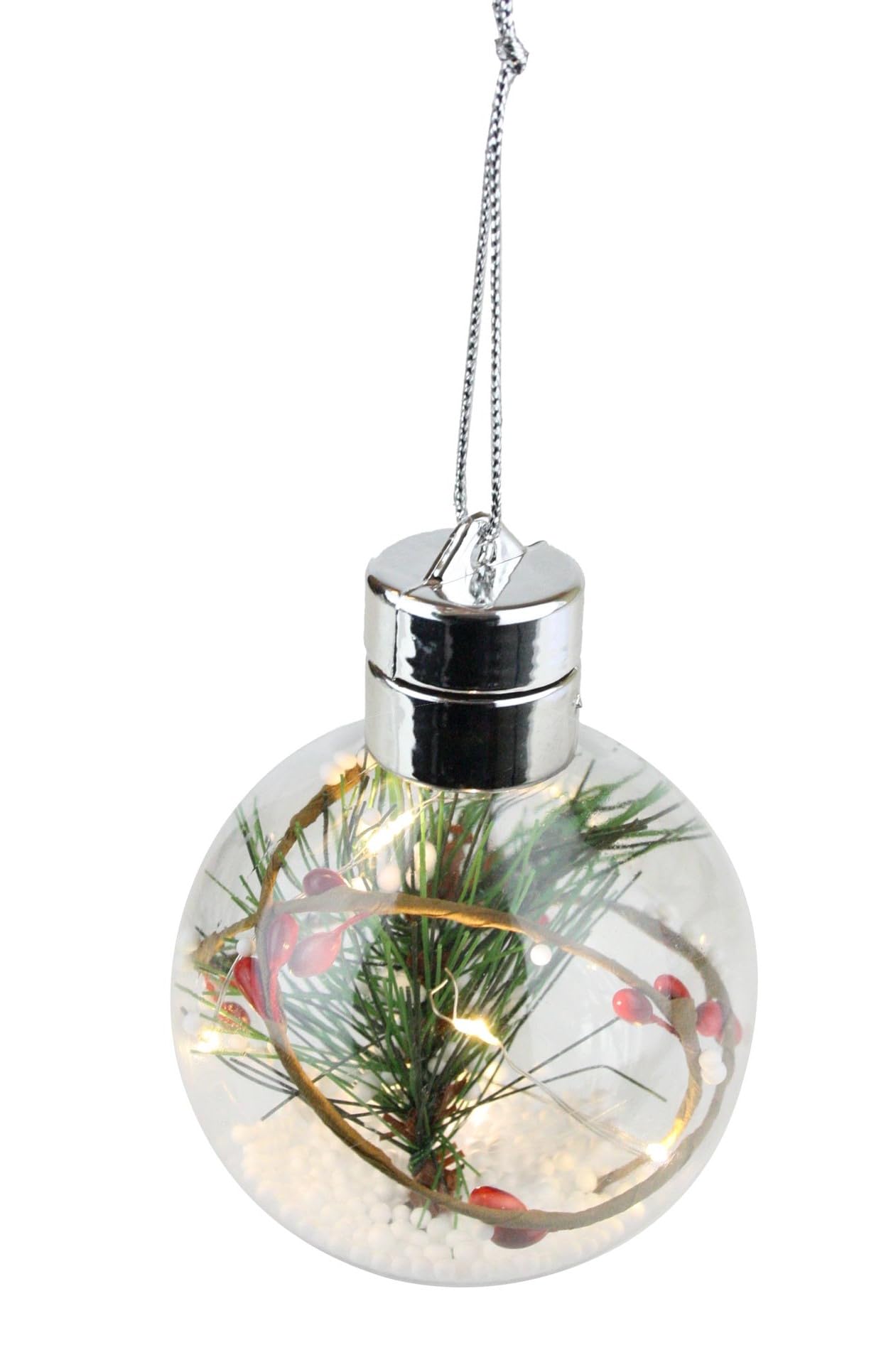 Emartbuy Christmas Tree Hanging Baubles with LED Lights – Clear Fillable Ornament Balls with Pine & Berries Decor – Battery Operated Light-Up Decoration – Pack of 6 — image 1