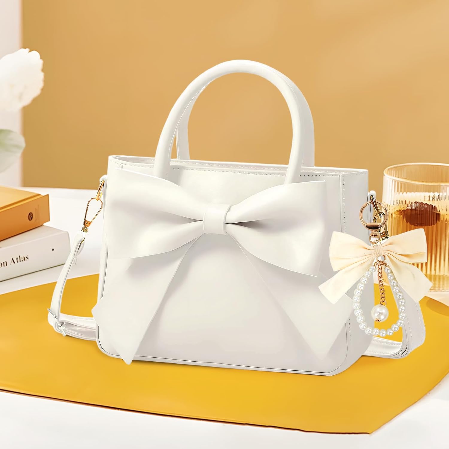 Coquette Purse, Women's Cute White Purse with Bow Charm, Soft Shopper Crossbody Satchel with Adjustable Shoulder Strap, Fashionable and Versatile - Image 3