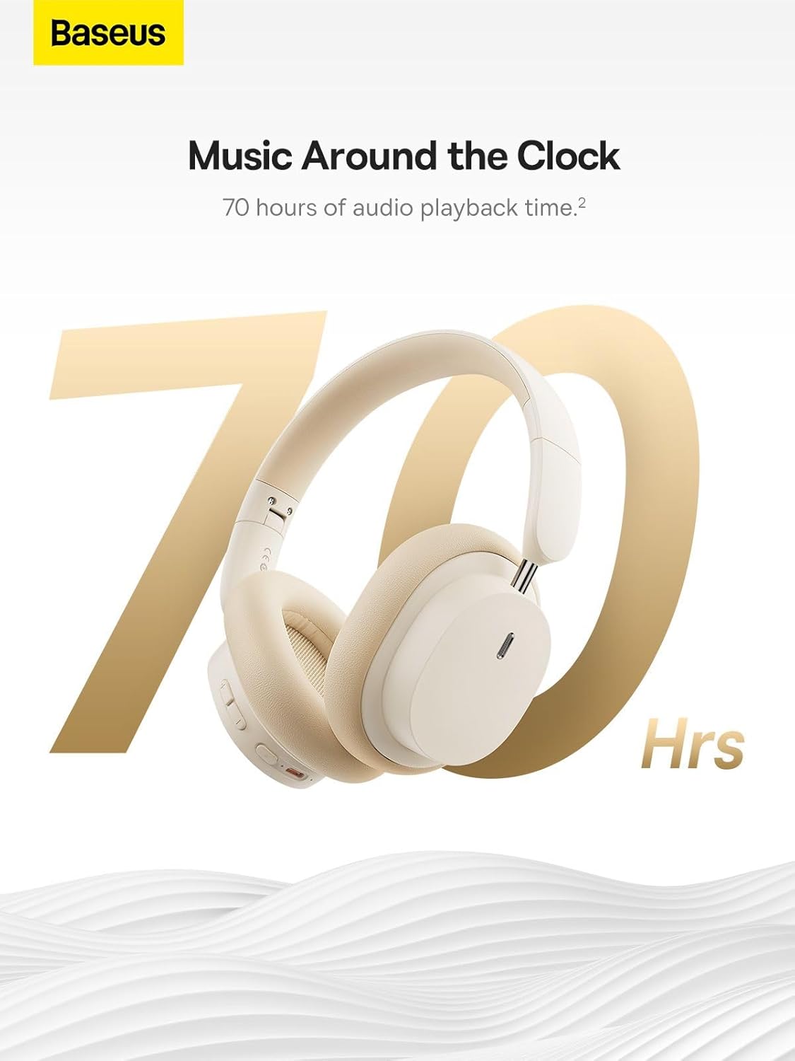 Image showing Baseus Bowie D05 headphones with '70 hours' text, indicating battery life.