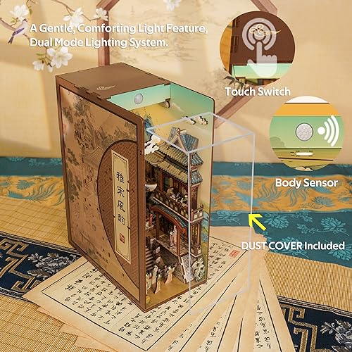 Image of Tonecheer DIY Book Nook Kit for Adults, Wooden 3D Puzzle Bookend Bookshelf Insert Decor, Chinese Booknook Miniature House Kit with Dust Cover and Body Motion Sensor LED (Song Dynasty Culture)