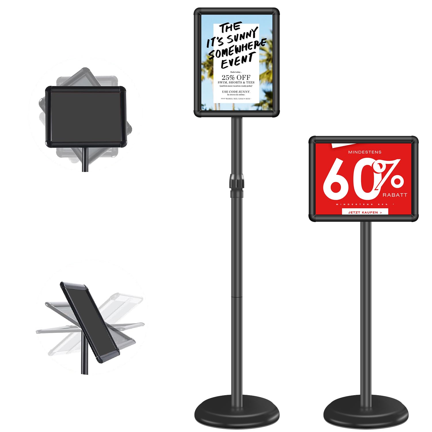 Sign Holder Floor Display Stand: 8.5 x 11 inch Adjustable Standing Signage Stand with Snap Frame for Malls Schools Restaurants (Black, 8.5 x 11" (1