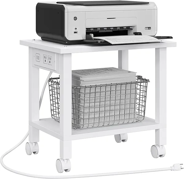 TUTOTAK 2 Tier Printer Stand, Rolling Printer Cart with Power Outlets and USB Ports, Mobile Printer Table with Wheels, for Under Desk, Office, Home, White PS01BW001