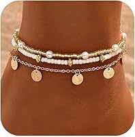 BeadAnklets Gold Plated Shell Ankle Bracelet Set for Women - Boho Adjustable Seashell Pearl Heart Starfish Conch Anklet Jewelry