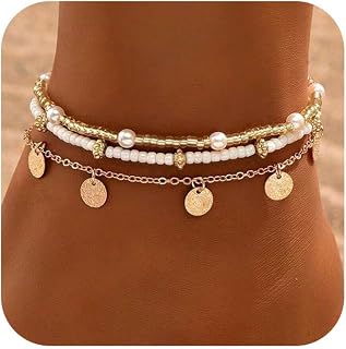 Shell Ankle Bracelet Set for Women, Gold Plated Boho Bead Adjustable Anklet, Hawaiian Beach Seashell Pearl Heart Starfish Conch Foot Jewelry Gifts