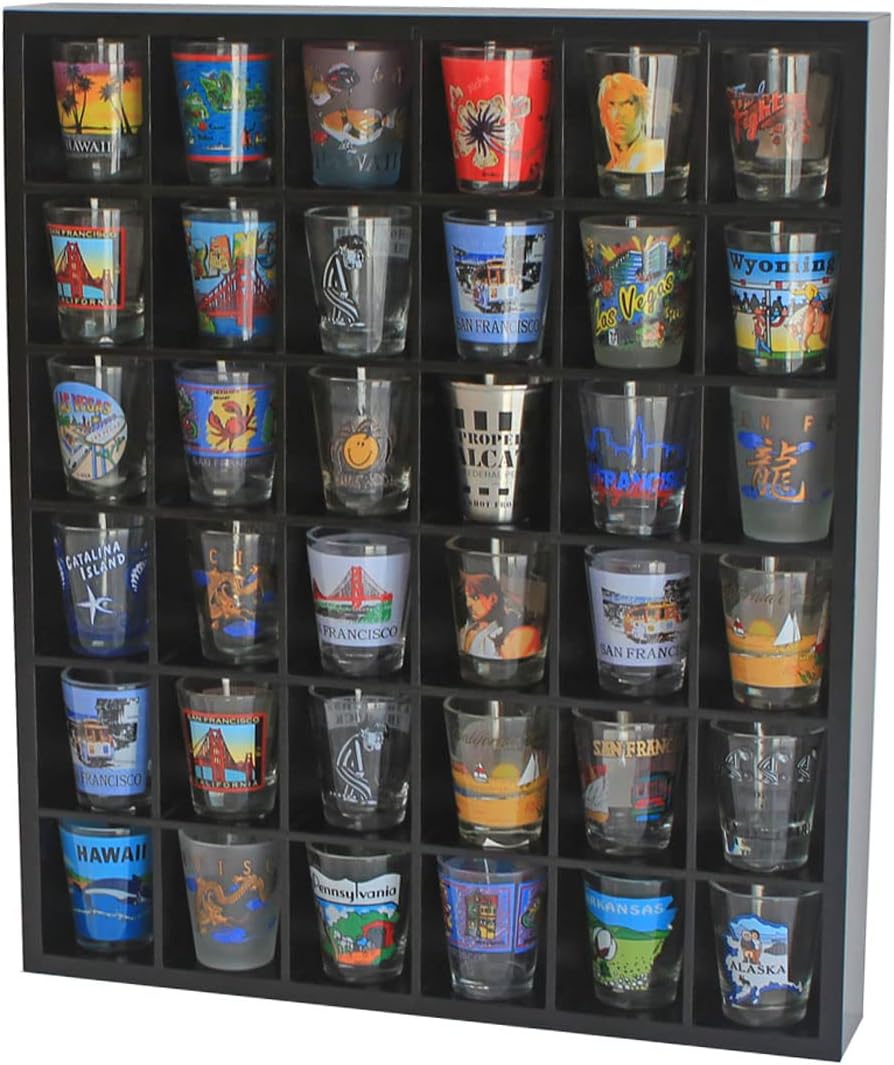 41 Shot Glass Display Case Holder Bar Collection Wall Rack Shadow Box with