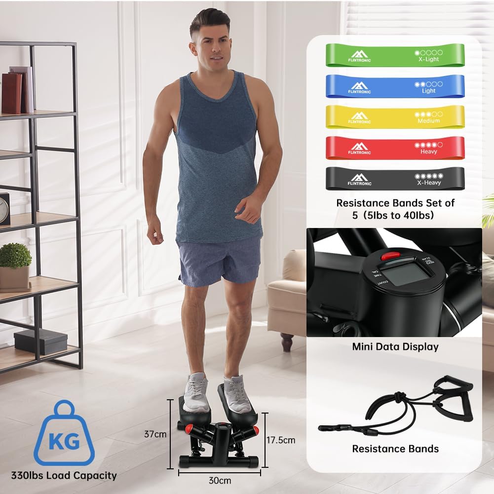 Flintronic Swing Stepper, mini stepper 2 w 1, stepper do góry w dół, stepper z paskami treningowymi i wyświetlaczem LCD, Stepper Fitness do treningu fitness Cardio nogi brzuch biodra, dom siłownia