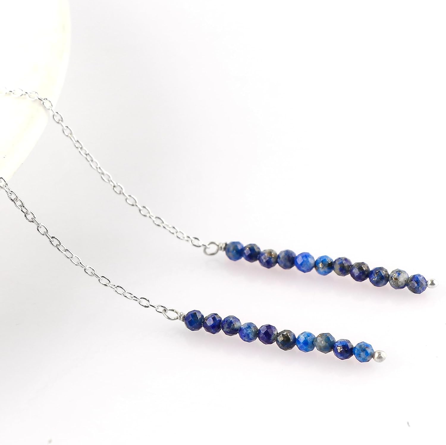 Threader Earrings for Women with Gemstone Beads - 2mm Natural Gemstone, Adjustable Pull-Through Long & Short Dangle Design, 3+1 Inch Silver Plated Earrings, Lightweight Crystal Jewellery Gift - Image 2