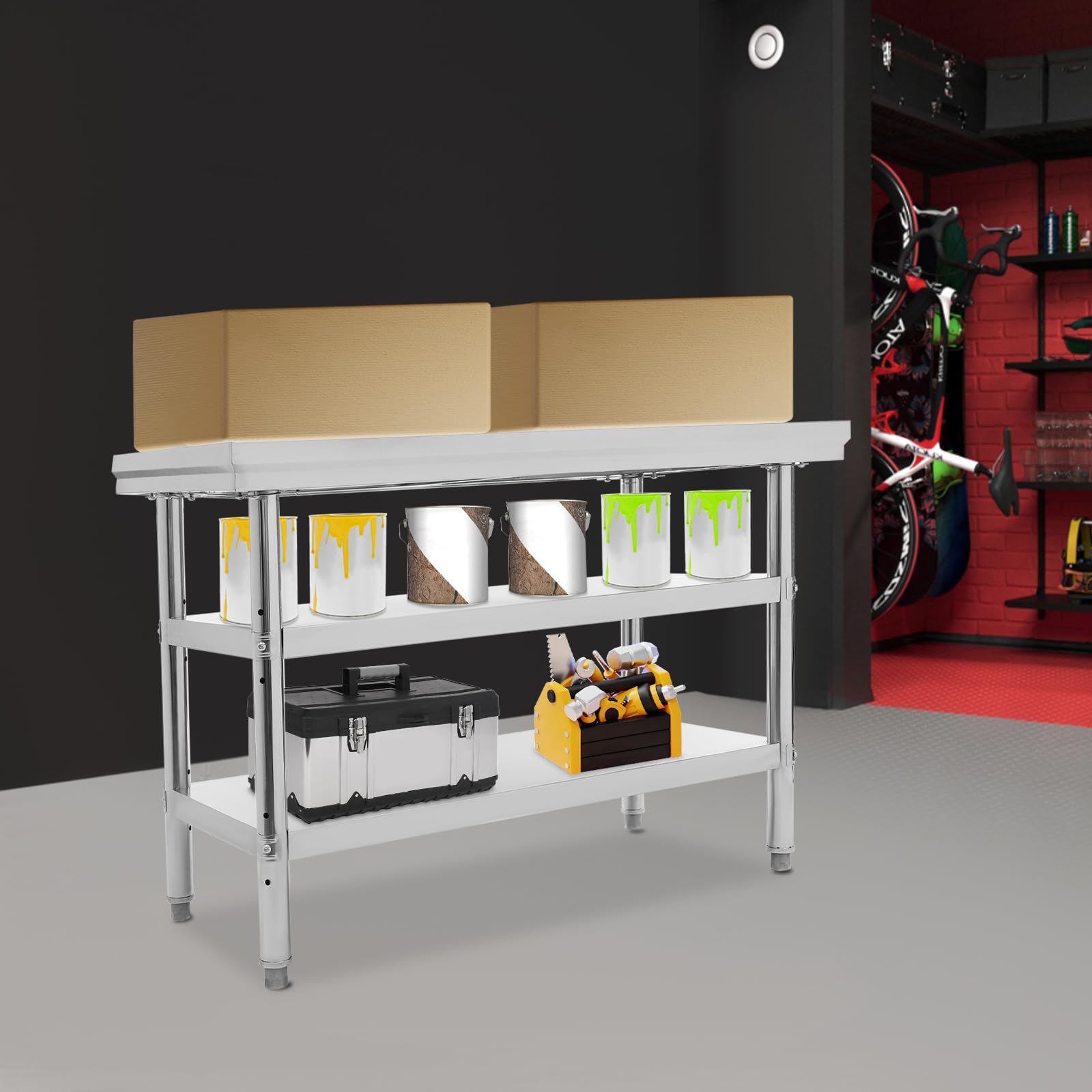 Tavolo da lavoro in acciaio inox con 3 ripiani, tavolo da lavoro in acciaio inox, fino a 100 kg, 120 x 60 x 90 cm