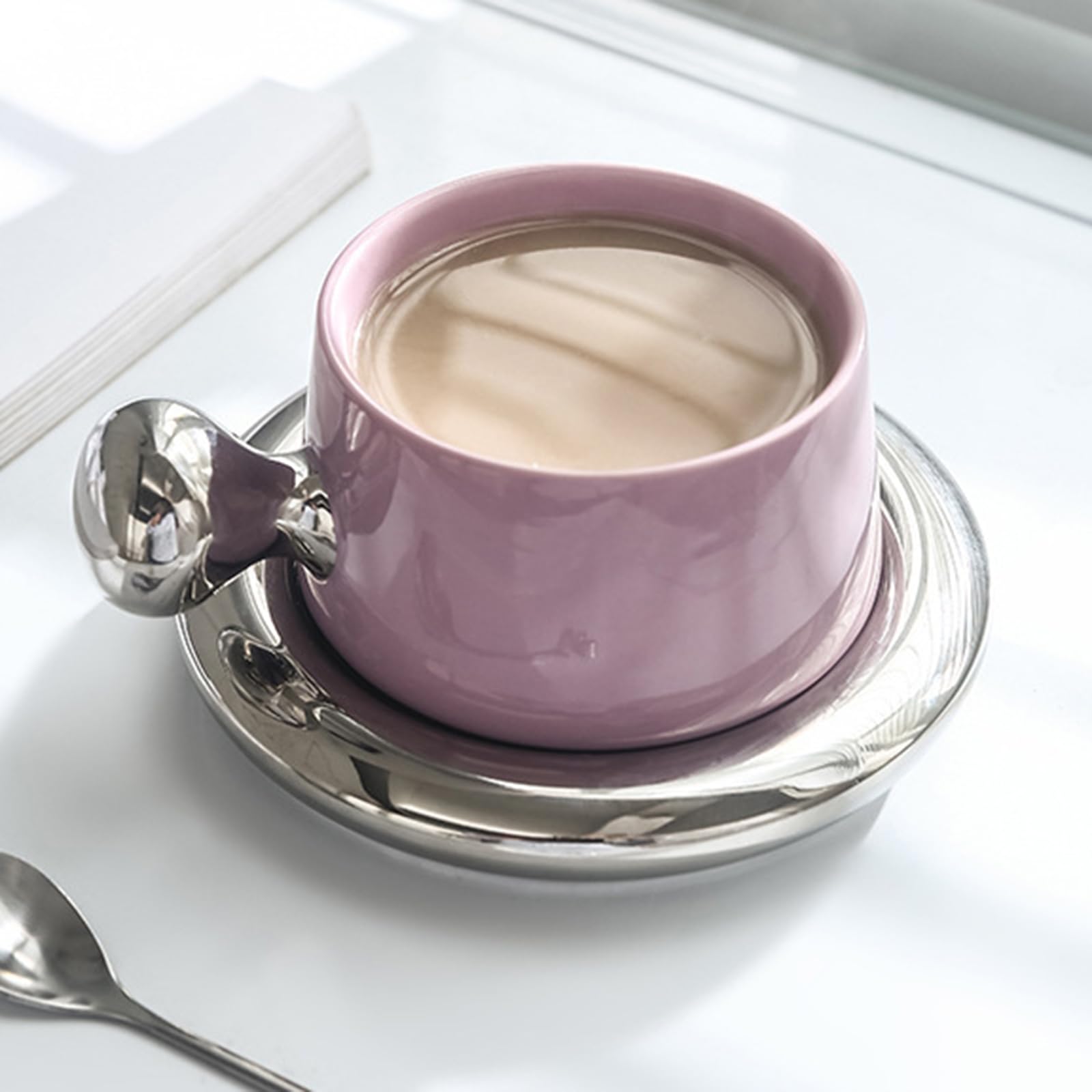 soulnioi Ceramic Coffee Mug 260ml Cute Cup with Coaster,Tea Latte Cup with Handle for Office and Home Gifts for Women Girls (Silver Purple) - Image 3