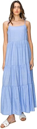 Cali1850 Womens XSXL Lined Tiered Sleeveless Linen Flare Maxi Dress with Adjustable Spaghetti Strap