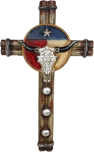 Ebros Gift Rústico Western Bull Cow Longhorn Skull Lone Star Texas State Flag con cuerdas trenzadas Placa de decoración de cruz de pared Diseño