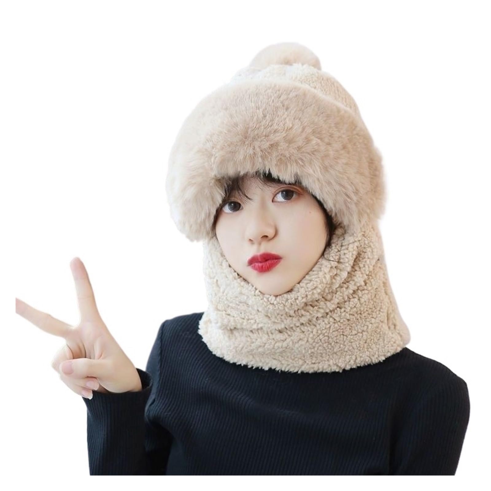 Generisch Winter Scarf Set Hooded for Women Plush Neck Warm Outdoor Ski Windproof Hat Thick Fluffy Beanies(Khaki,4PCS)