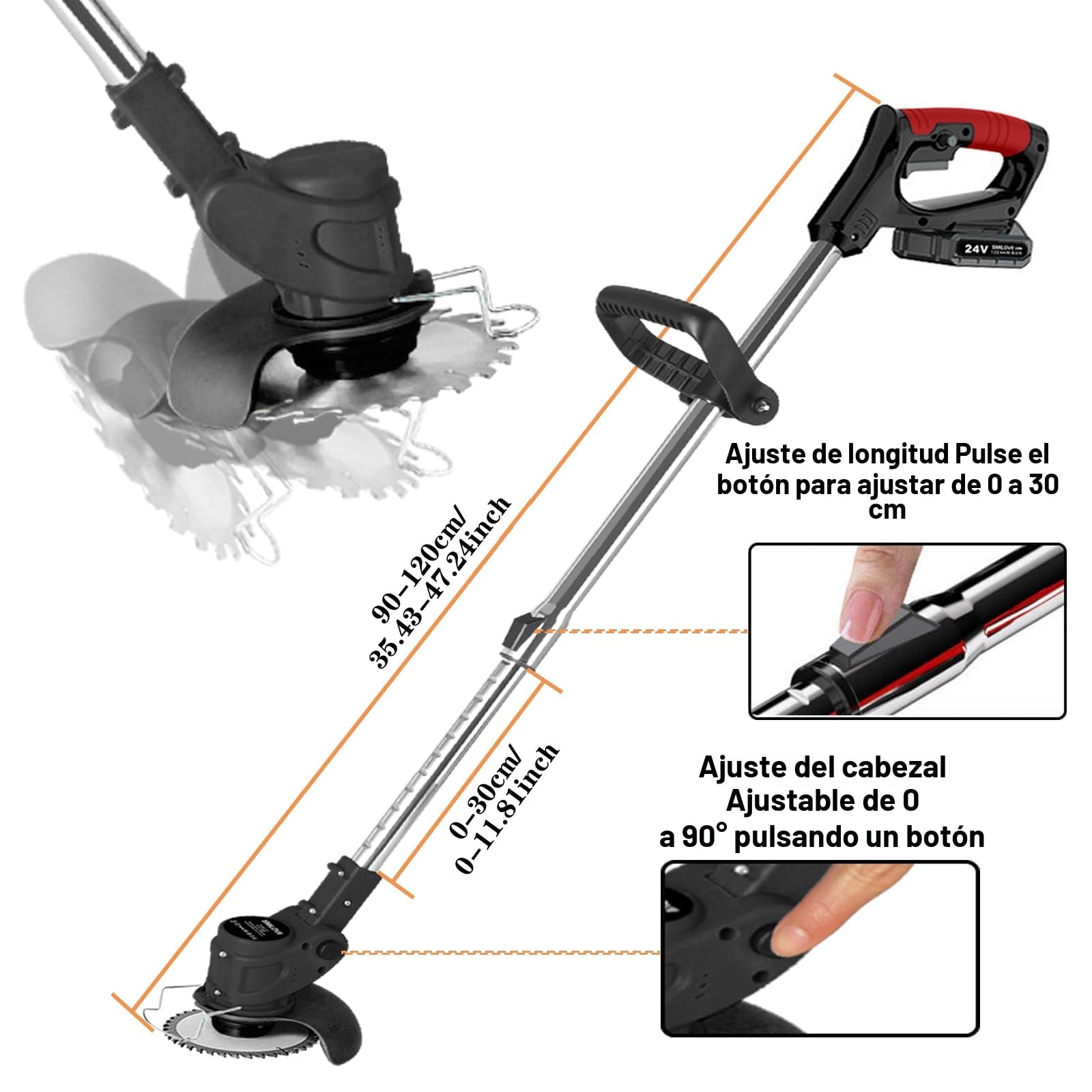 Desbrozadora Bateria 21V (650W), Cortabordes Electrico 3 en 1 con 2 Baterías 2000mAh, Desbrozadora Electrica Multifunción para Jardín, 16 Cuchillas y Cabezal 90°, Desbrozadoras para Maleza