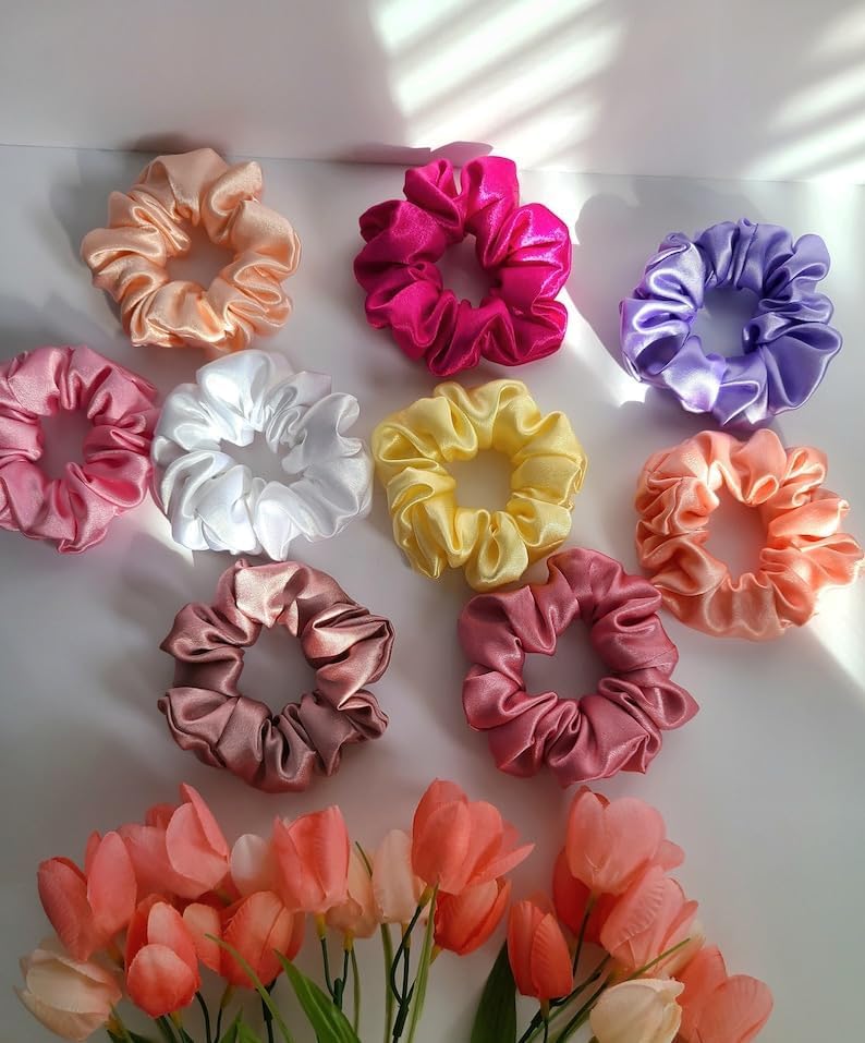 Satin Silk Scrunchies for Ladies and Girls | Women's Scrunchies Hair Band|Rubber Band|Ideal As A Gift for Friends, Sisters, and Mothers (Multicolor) Pack Of 5