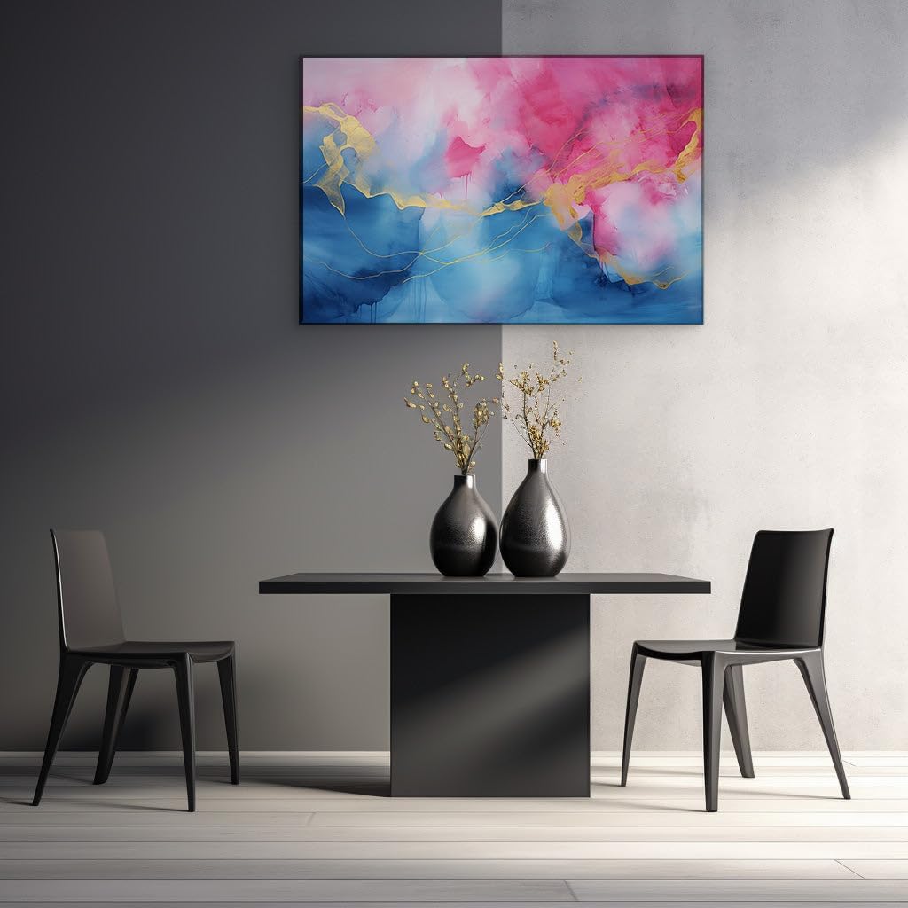 Canvas for Living room. Vibrant Interplay of Blue and Pink with Luxurious Gold Accents Unleashes Energy and Creativity, 27 x 18 inch Canvas Wall Art - Ready to Hang