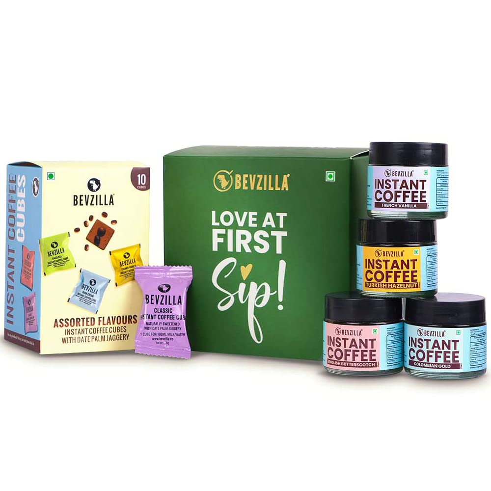 Bevzilla Gift Box Of Flavoured Instant Coffee Powder Pack of 4 (25 Grams Each) & Assorted Pack of 10 Coffee Cubes|Perrfect For Gifting|100% Arabica Beans| Enjoy Hot & Cold