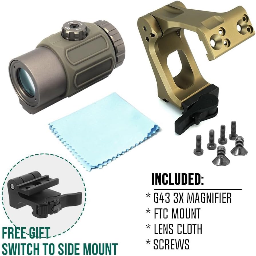 G33 G43 G45 3X 5X Magnifier and 2.26" FTC QD Mount Combo with Standard Base & Spacer Mount，for Red Dot Sight，Quick Release and Flip-to-Center Mechanism，Fits for Standard 20mm Pic Rail System Mounting