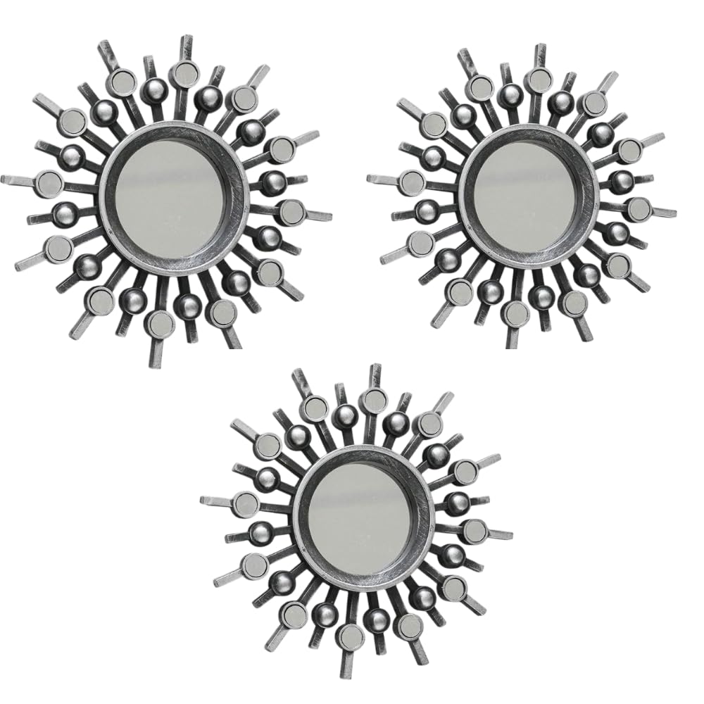 HomeZone® 3 Pcs Distressed Sunburst Silver Round Wall Mirror Set Decorative Hanging Mirrors for Walls Bedroom Decor Wall Mounted Mirrors Wall Decor Hallways Stairs Living Rooms Home Decoration