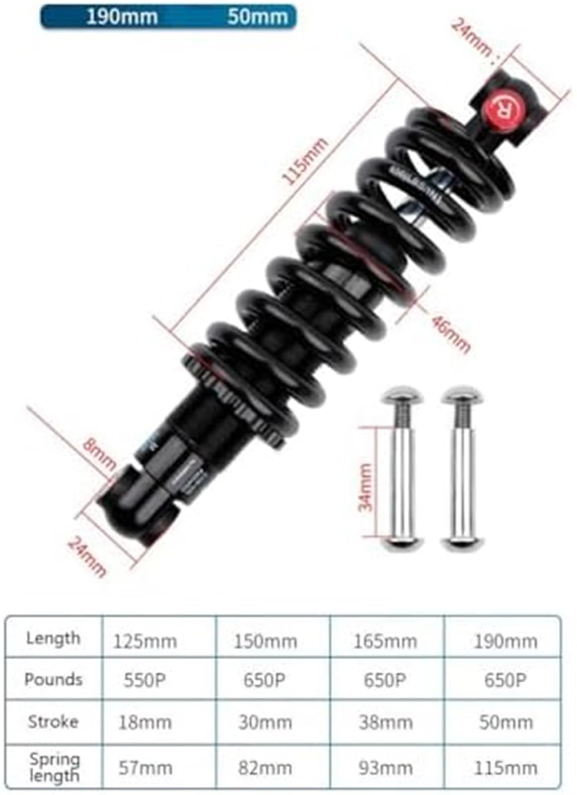 Amortyzator tylny 150-190 mm, do rowerów górskich i zjazdowych. Korpus ze stopu aluminium 30/38/50 mm stalową sprężyną śrubową sprężyna przedniego zawieszenia