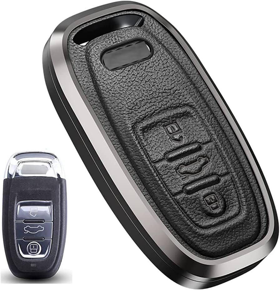 ontto Metal Key Fob Cover for Audi Leather Key Fob Case Stylish Key Shell Holder for A4L A6L Q5 A5 A7 A8 S5 S7 Black