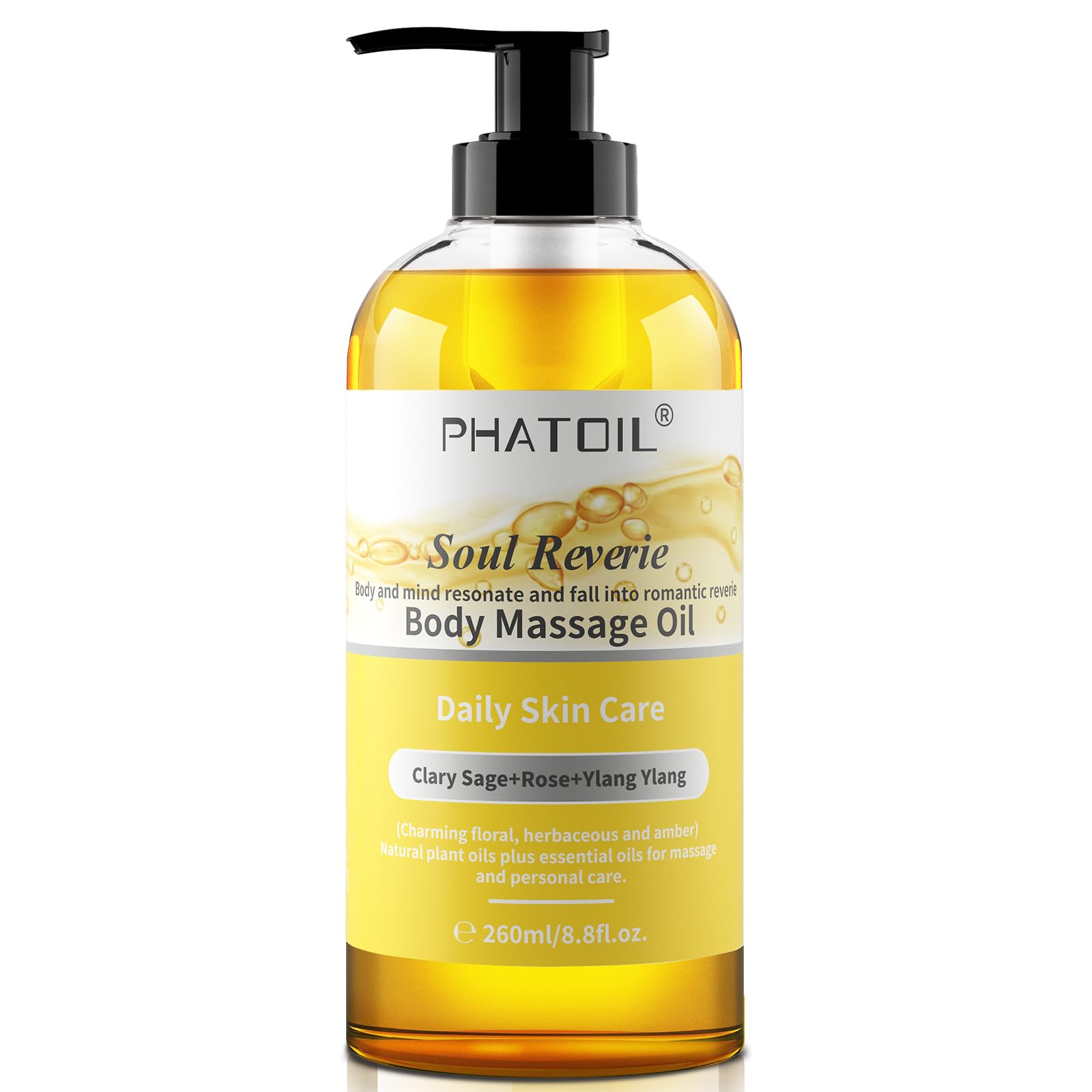 PHATOIL 260ML YlangYlang Body Massage Oil for with Clary Sage and Rose Oil, Large Bottle Body & Facial Oil for Nourishing Skin, Muscle, Scented Body