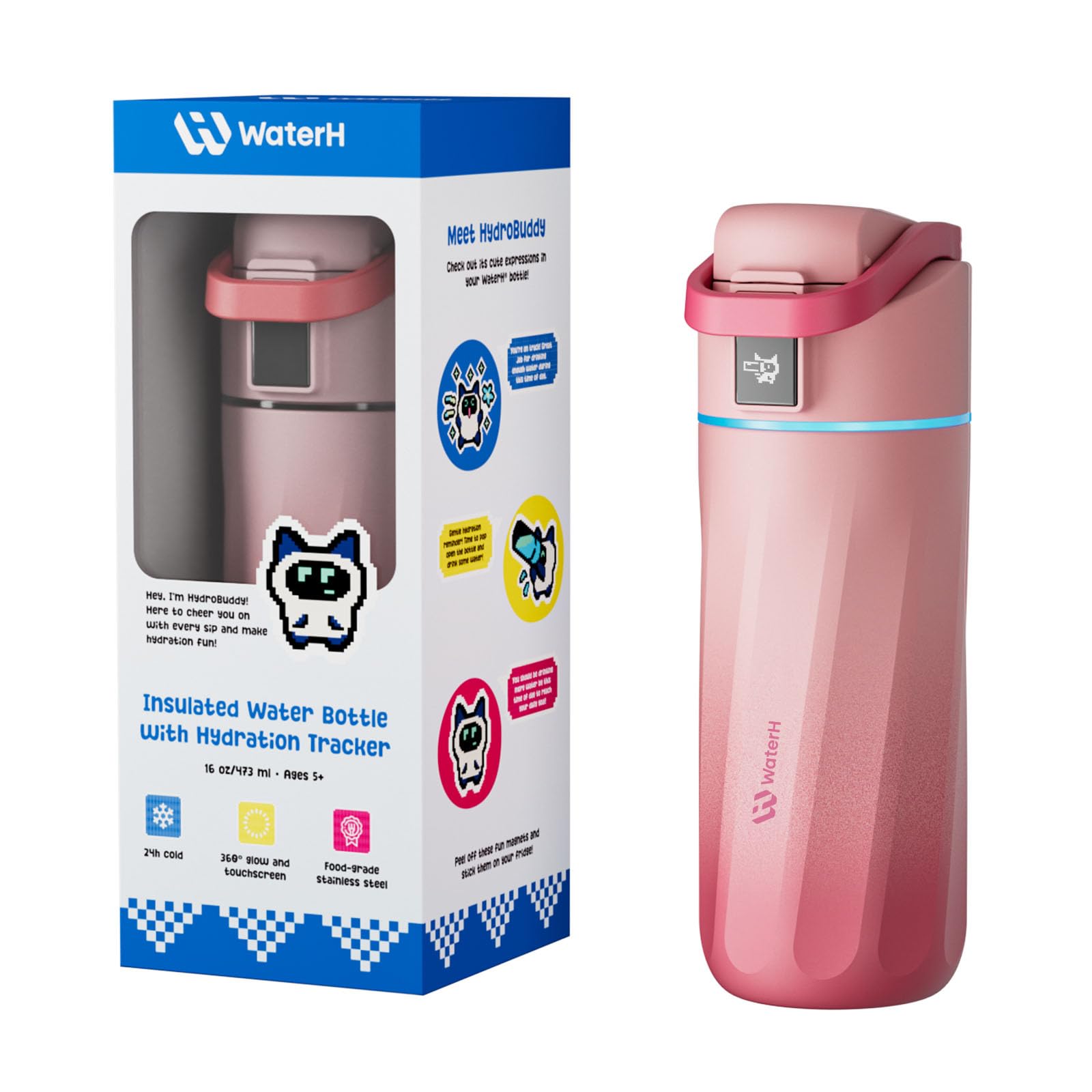 Waterh Pink Fade Boost Kids Smart Water Bottle With Reminder & Tracker, 473 Ml