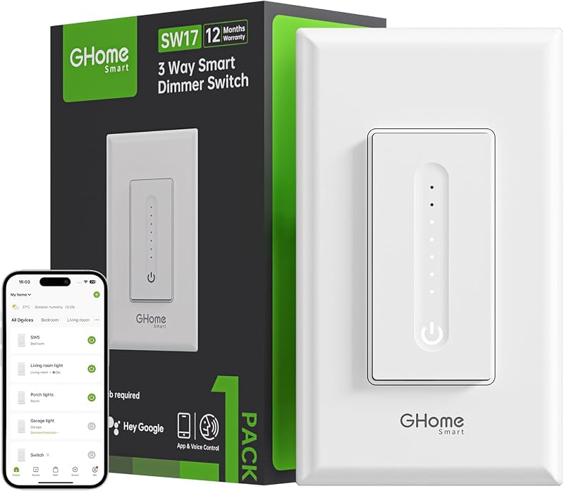 GHome Smart 3 Way Dimmer Switch, Dimmable Light Switch Works with Alexa & Google Home, WiFi 2.4Ghz, Compatible with Traditional 3 Way Switch or Work Seperately, Neutral Wire Required, FCC Certified