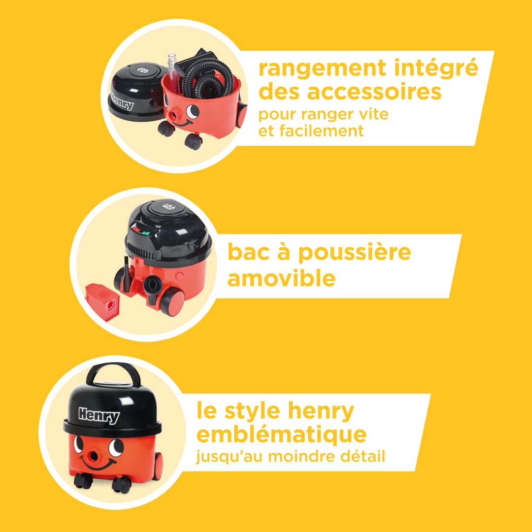 Casdon Henry & Hetty Jouets - Aspirateur Henry - Aspirateur Rouge Fonctionnel avec buse - Kit de Nettoyage pour Enfants - 3 Ans +, 23.2 x 21.2 x 22.8 cm