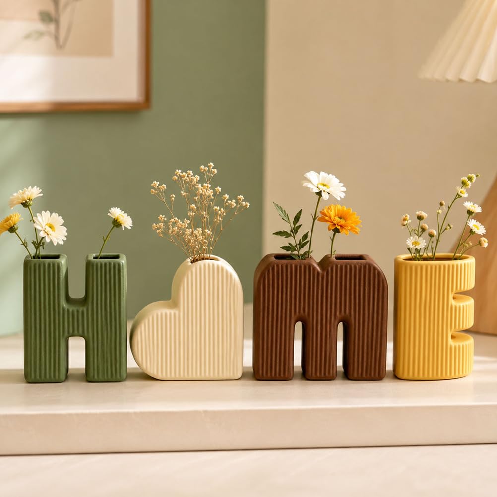 Keramik Deko Vasen 4er Set Home Form Moderne Blumenvasen | Boho Nordisch Wohnzimmer Couchtisch Regal Büro Eingangsbereich Bauernhaus Tischdeko Wohnaccessoire Dekorativ Minimalistisch