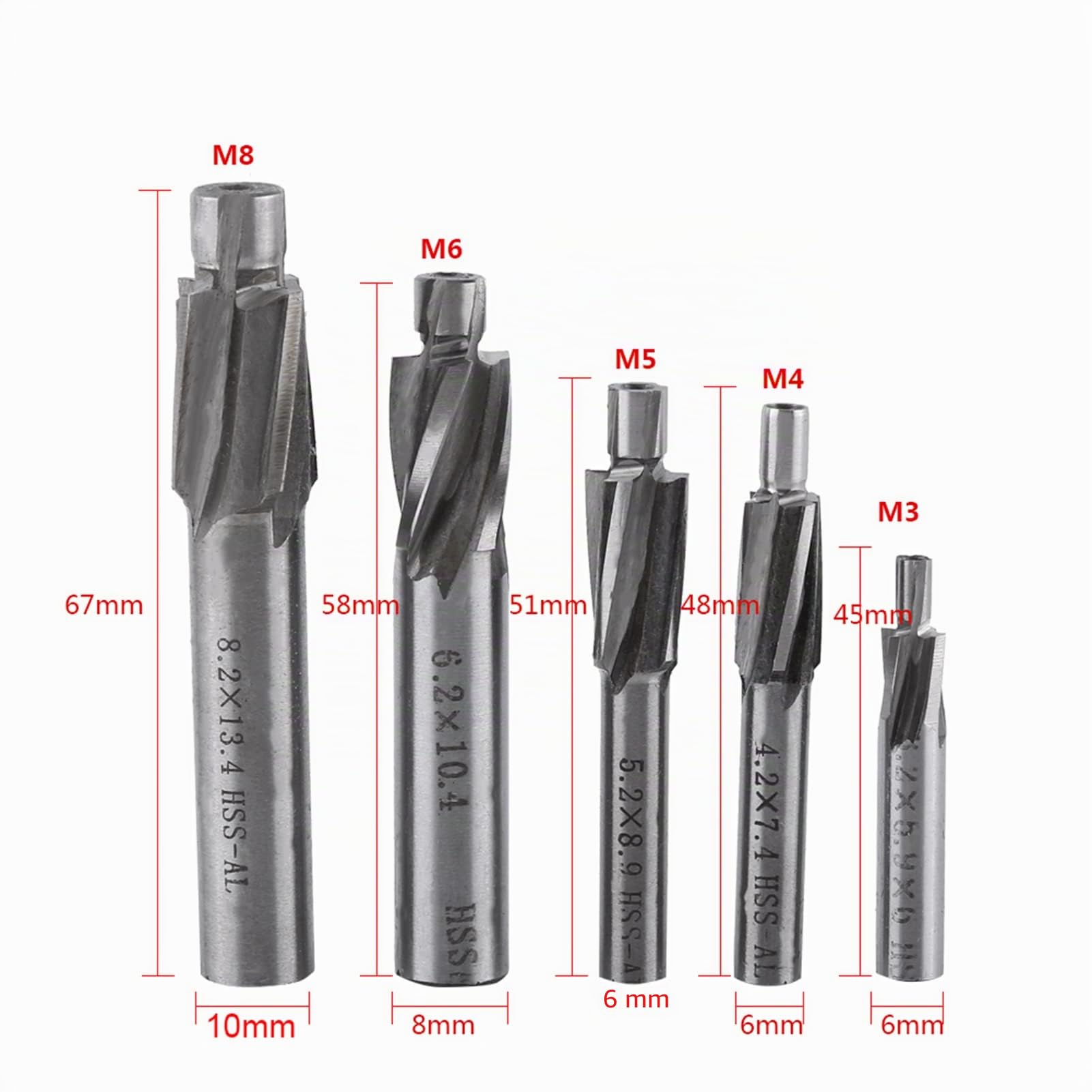 5 Stücke Senker Schaftfräser, HSS-AL M3 M4 M5 M6 M8 4 zapfensenker Flöten Senker Schaftfräser Slot Bohrer zum Fräsen von Kupfer, Aluminium, Stahl, Gusseisen