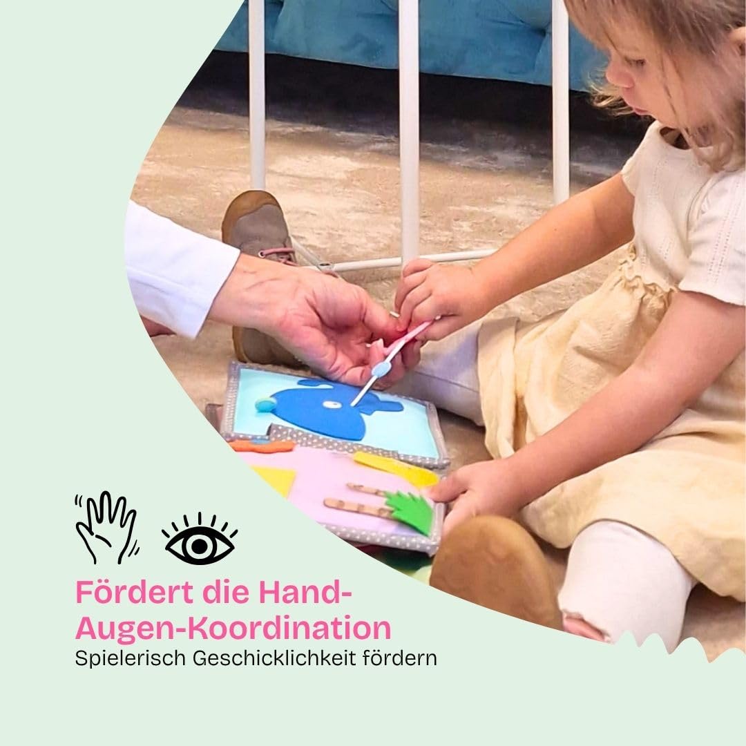 Jolly Designs Mini Quiet Book Dösender Löwe – Montessori Spielzeug ab 1 Jahr – Stoffbuch & Busy Book ohne lose Teile – Lernspielzeug aus Filz – Motorikbuch für Babys & Kleinkinder