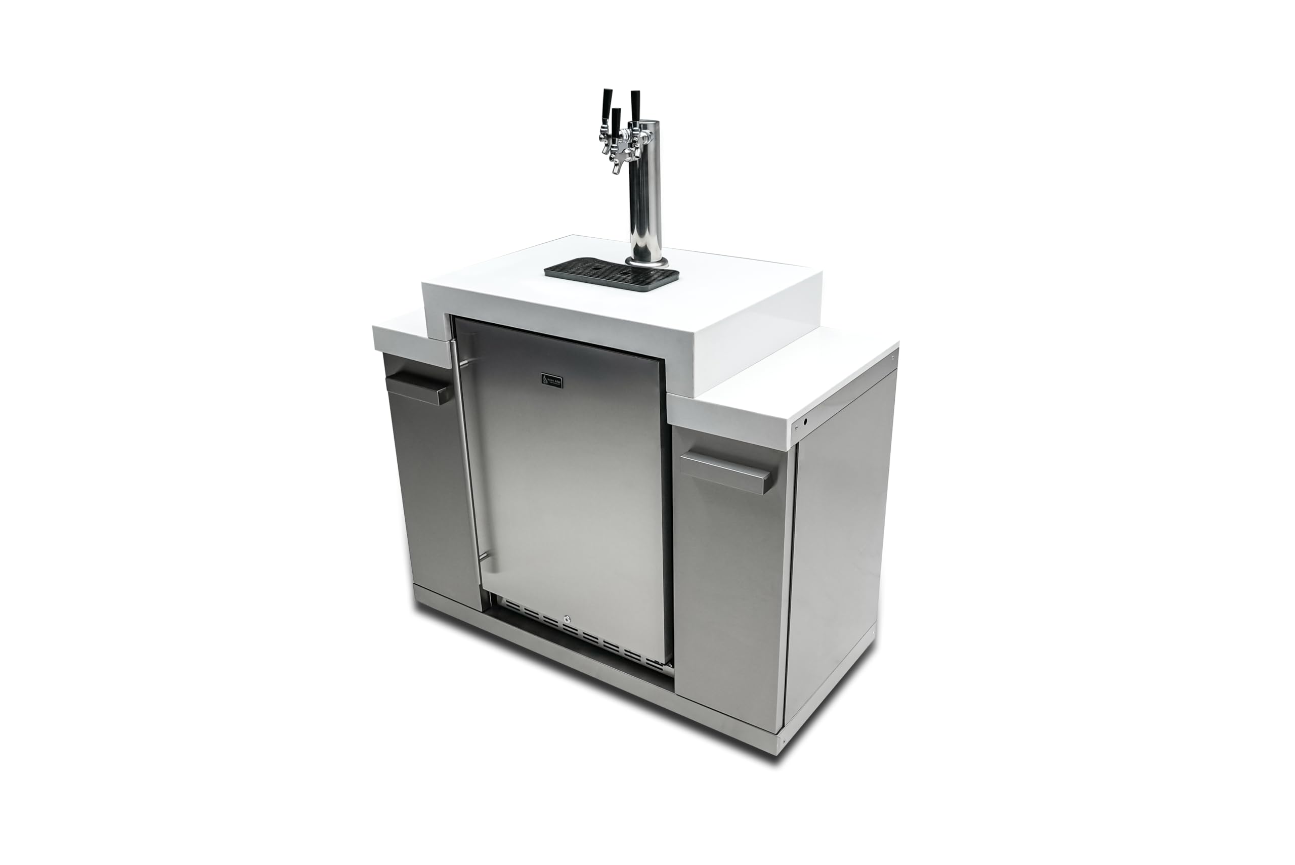 Mont Alpi Stainless Steel 48"W x 23"D x 55" H Premium Outdoor Kegerator 3-tap Draft Keg Beer Dispenser Refrigerator Module with Digital Display and Drip Tray plus White Granite Countertops and Storage on Fridge.com