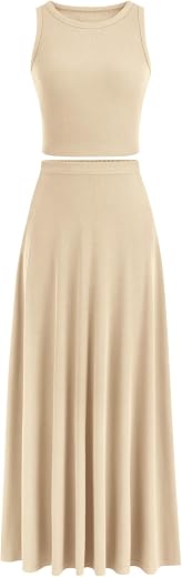 PRETTYGARDEN Women's 2 Piece Maxi Skirt Sets Casual Summer Knit Cropped Tank Top High Waisted Long Skirts Outfit
