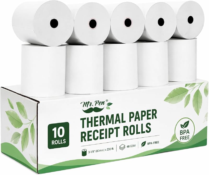Mr. Pen- Thermal Paper Receipt Rolls, 10 Pack, 3-1/8” (80mm) x 230 ft | 48 GSM Premium Quality Receipt Paper Rolls, BPA-Free, Compatible with Standard POS Thermal Printers & Cash Registers