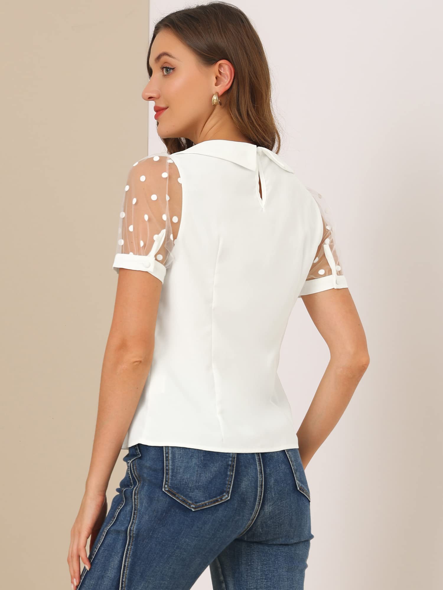 Allegra K Damen Puffärmel Vintage Bubikragen Oberteil Mesh Polka Punkte Top Bluse