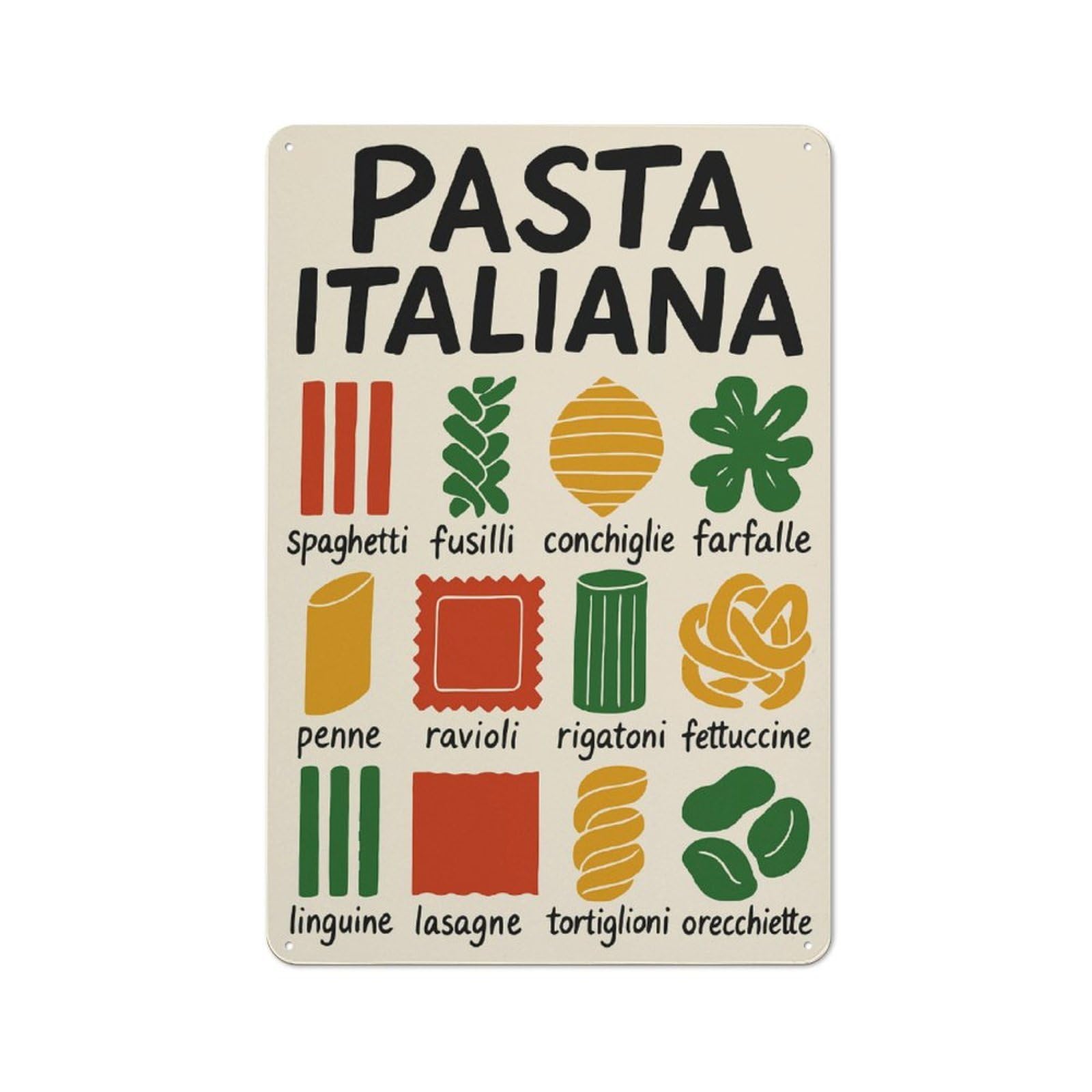 Junmoney Style-17 Tin Wall Plaque 30X20cm With Pasta Italiana Types Illustration For Studio Or Craft Room, Suited To Studio Decor Lovers