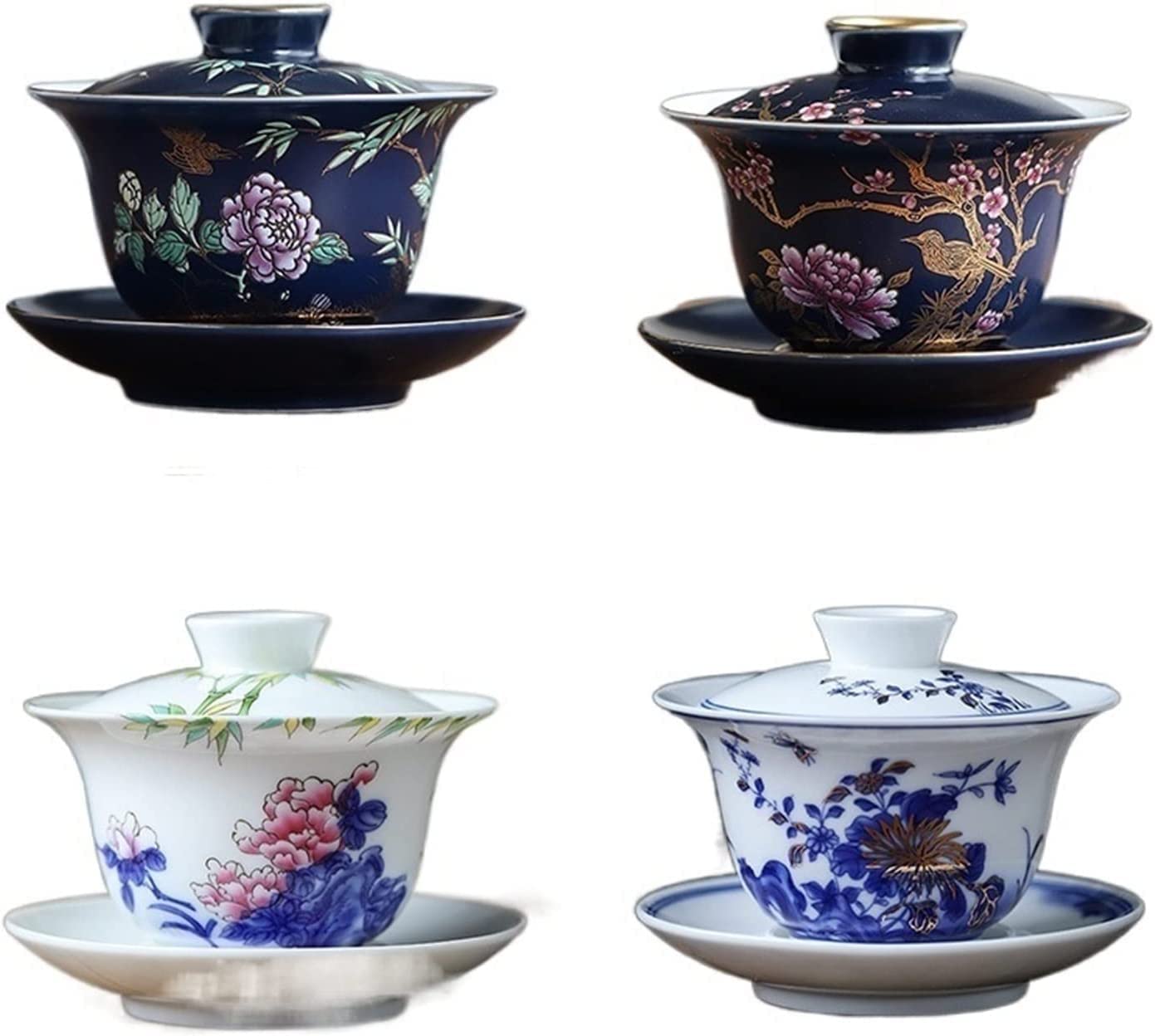 Ceramiczny gaiwan z ręcznie malowanymi kwiatami – 150 ml, tradycyjny chiński zestaw do herbaty Kung Fu, z przykrywką, przenośny, podróżny i domowy, do herbaty (10,7 x 7,8 cm)(B)