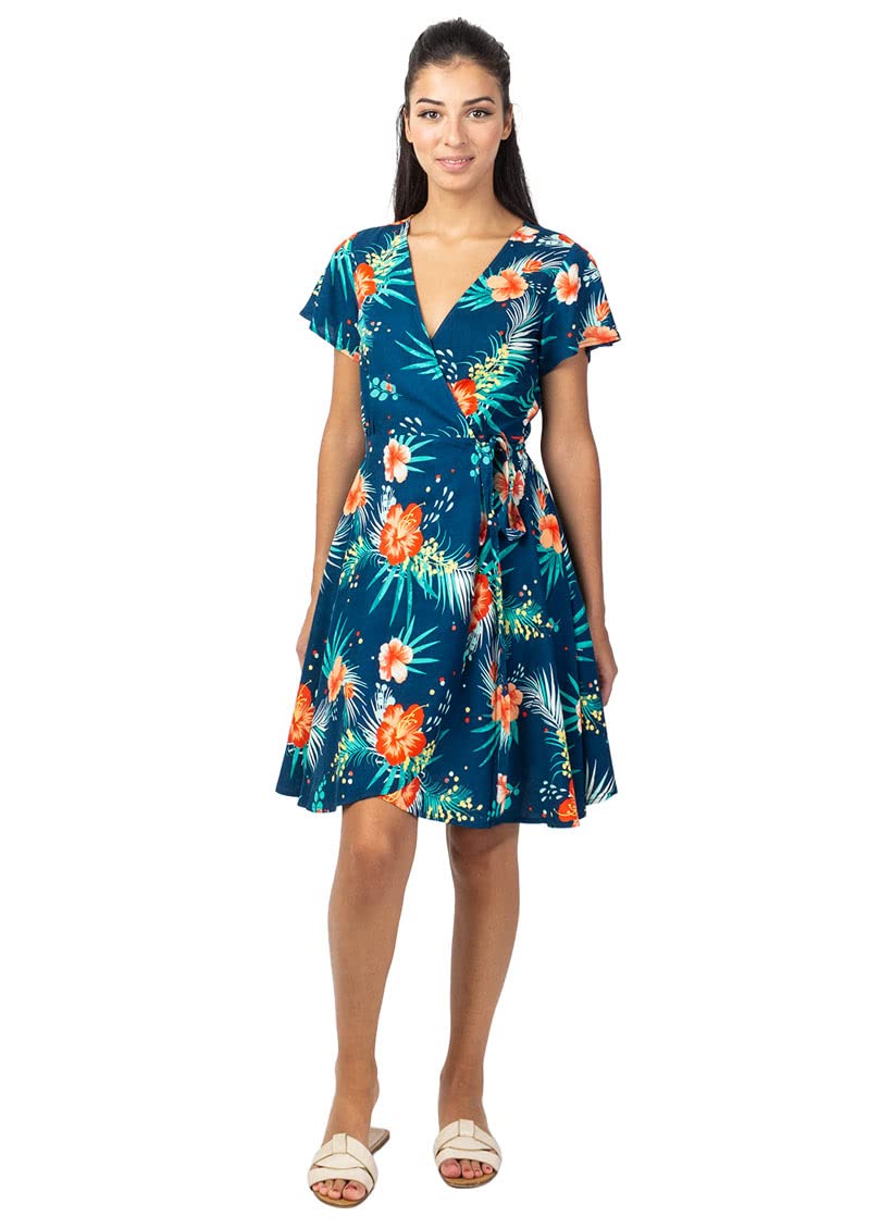Robe courte Marika fluide au style cache-cœur avec imprimé fleurs tropicales multicolores