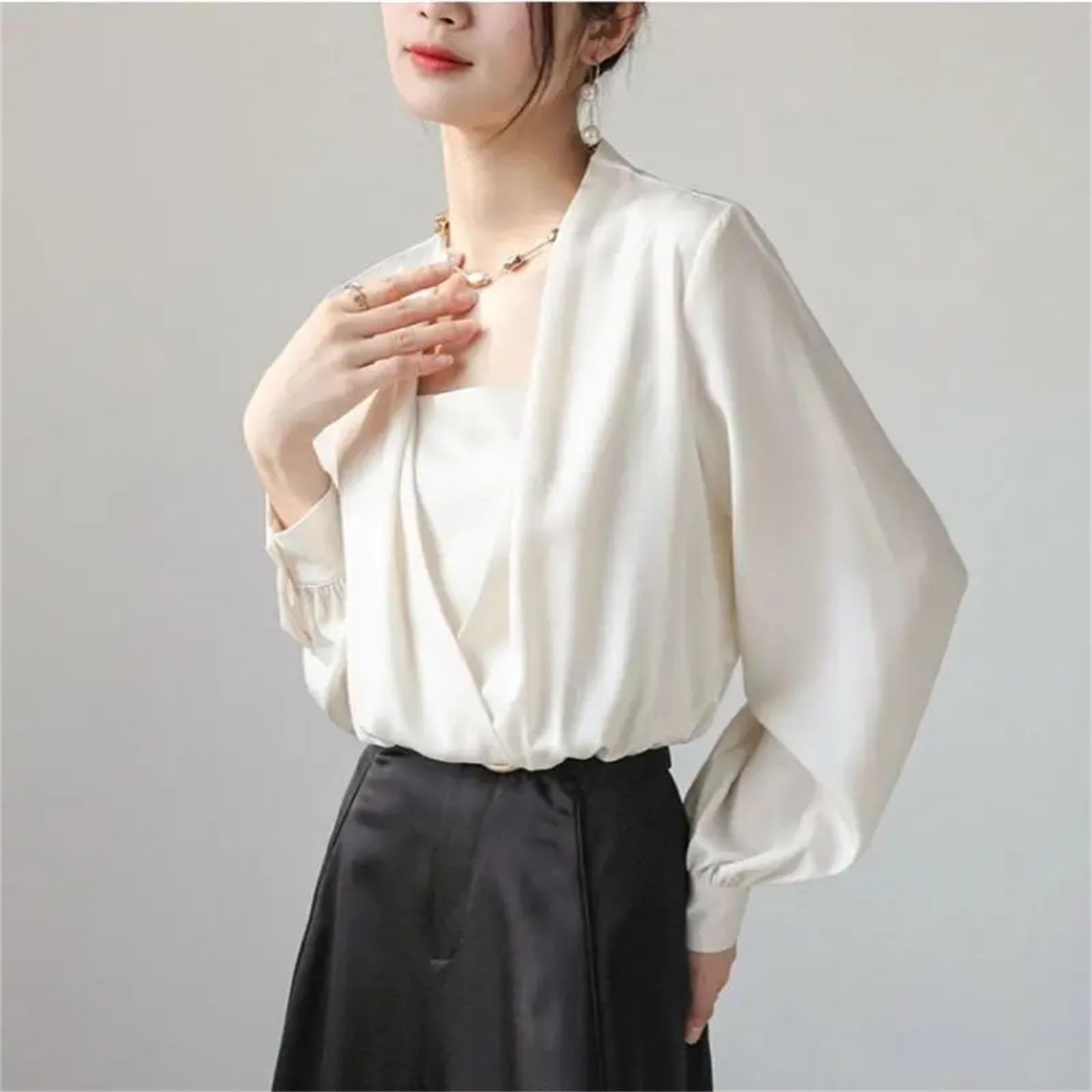 Blusas de satén de manga larga para mujer, para primavera, oficina, trabajo, elegante, casual, holgada