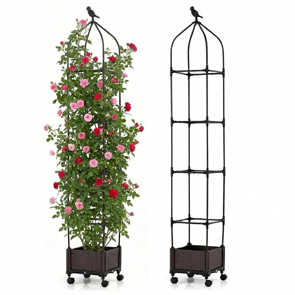 HOMASIS Fioriera con Grigliato con Decorazione di Uccelli, Supporto per Arrampicanti con Ruote, Fioriera con Spalliera, Obelisco da Giardino con Serbatoio d'Acqua da Balcone, Nero (Modello 4)