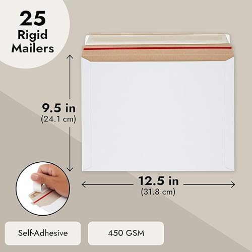 Miniatura 4 de Paquete de 25 sobres rígidos Stay Flat de 9 x 12 pulgadas con sello autoadhesivo, sobres de cartón blanco resistentes de 450 GSM para envío de