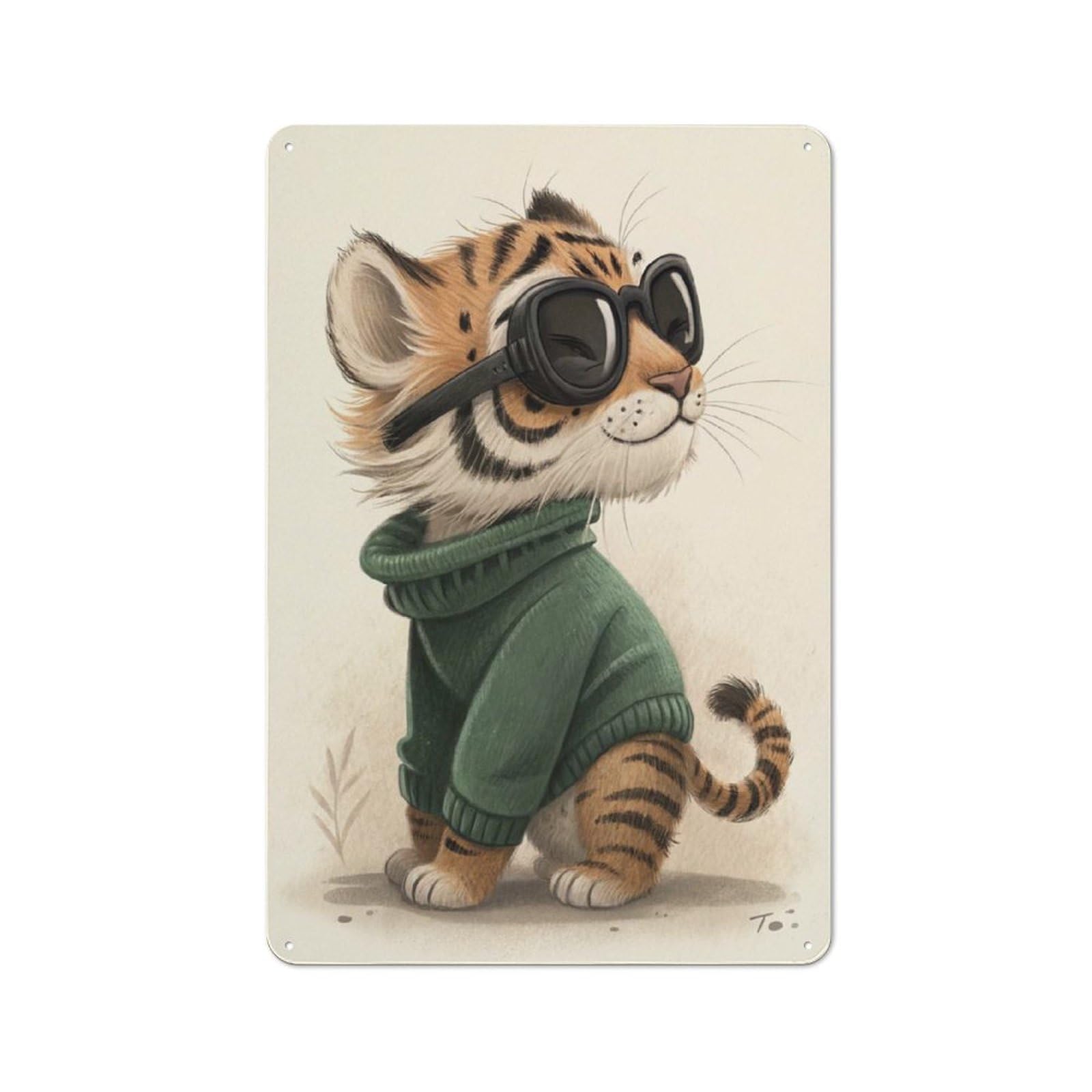 Junmoney Style-4 Vintage Tin Sign 30X20cm With Cool Tiger Cub With Sunglasses For Man Cave Or Games Room, For Winter Room Styling In Man Cave And Games Room