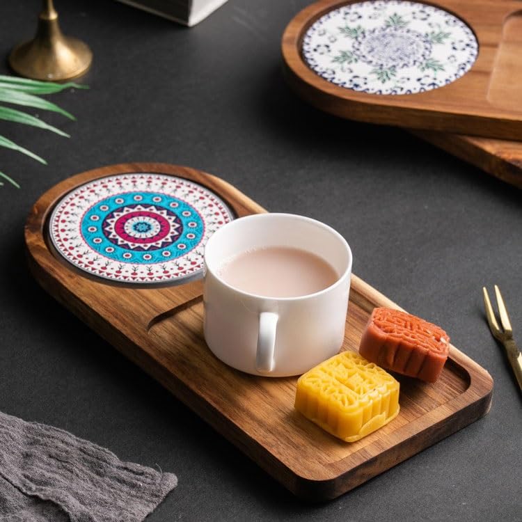 Bandeja de servir de madera maciza retro, diseño chino de extremo norte, ideal para tazas de agua, aperitivos, postres y desayuno, bandeja de almacenamiento decorativa para el hogar y la cocina