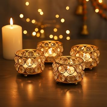 Easyera Golden Crystal Tealight Candle Holder for Diwali Decoration T- Light Holder for Home Decor Showpicec for Gift Candle Light Dinner Table Decoration 4, Crystal Candle Tealight Holder