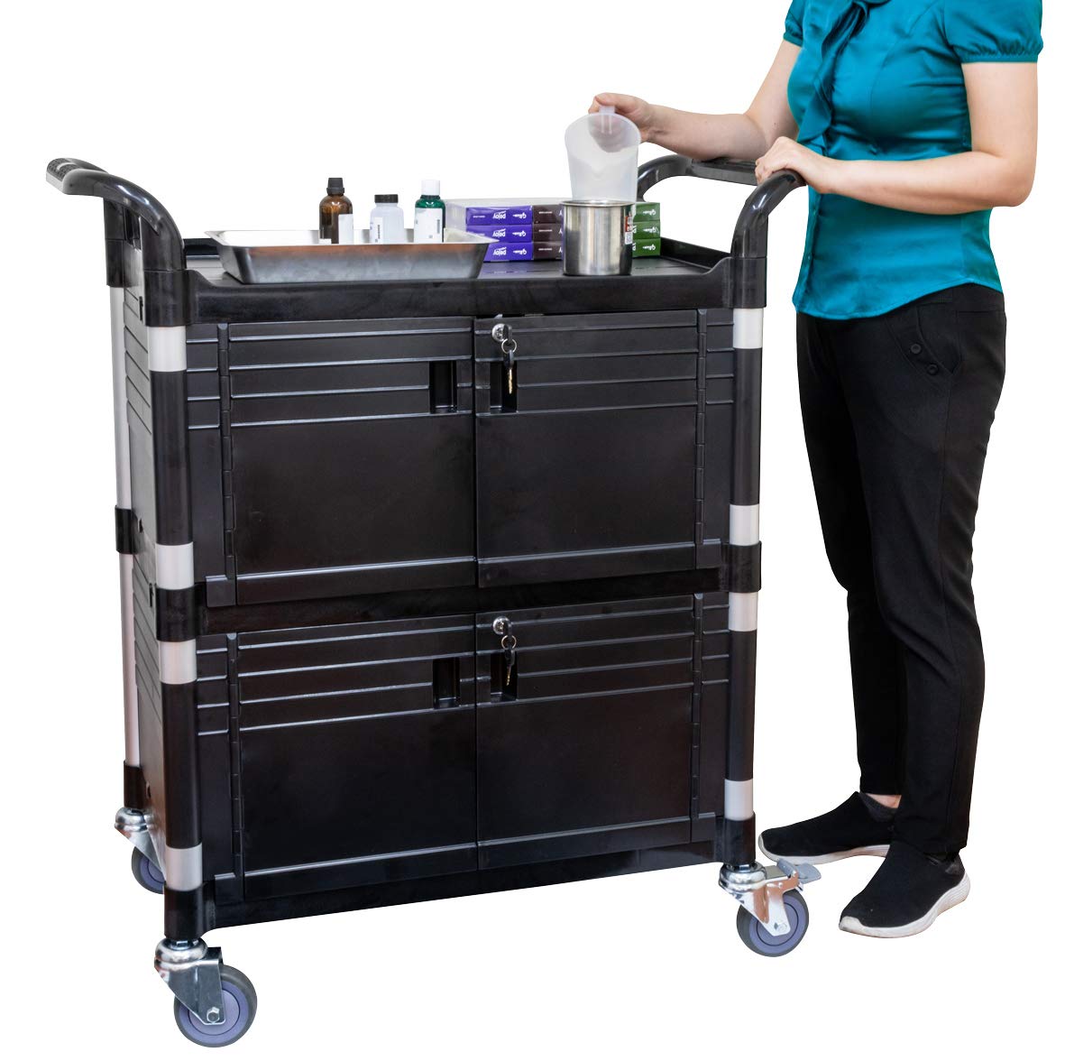 JaboEquip Double Lockable Door Medical Cart [ JaboEquip ] Cabinet Utility Cart with 2 Lockable Doors for Hospitality School Lab cart Service Cart,