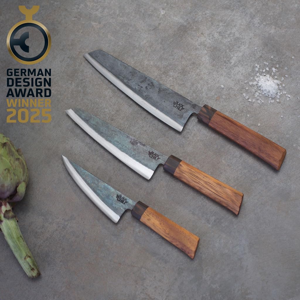 Küchenmesser Set (3-teilig) | Chefmesser, Santoku Messer & Gemüsemesser mit Eisenholz Griff | 13, 17 & 19 cm Carbonstahl Klinge | BLACK-PEARL-19, HABANERO-17 & JALAPENO-13