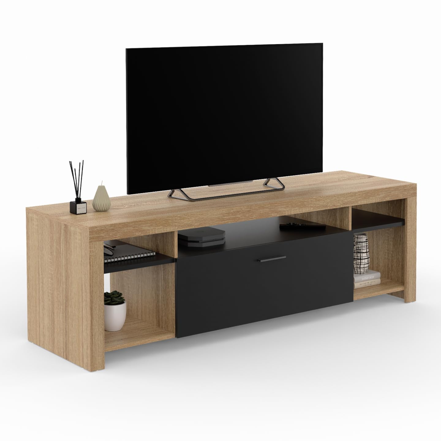 IDMarket - Meuble TV 140 cm Malo Bois et Placard Noir