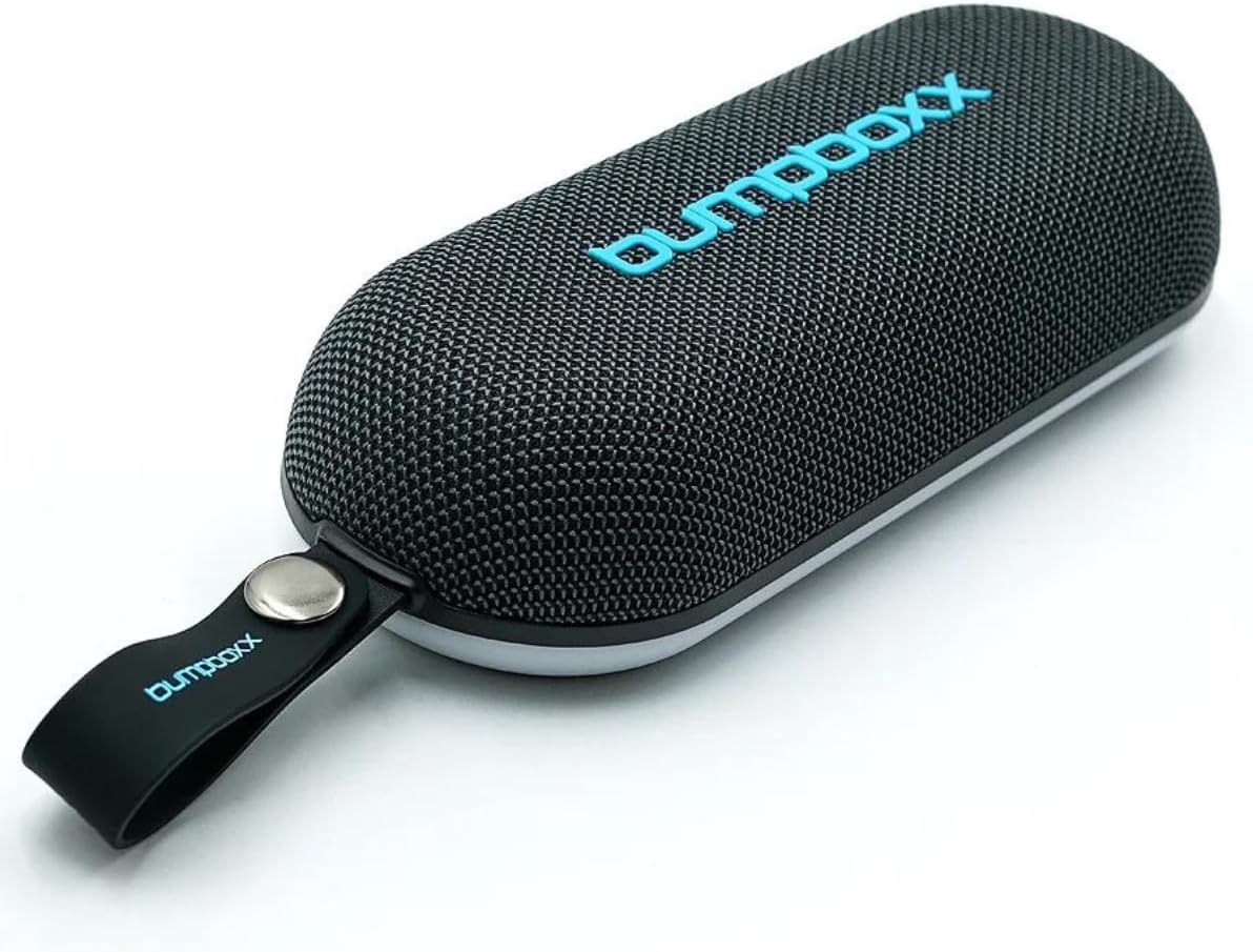 Bumpboxx Slapstik speaker with its attached strap, viewed from an angle