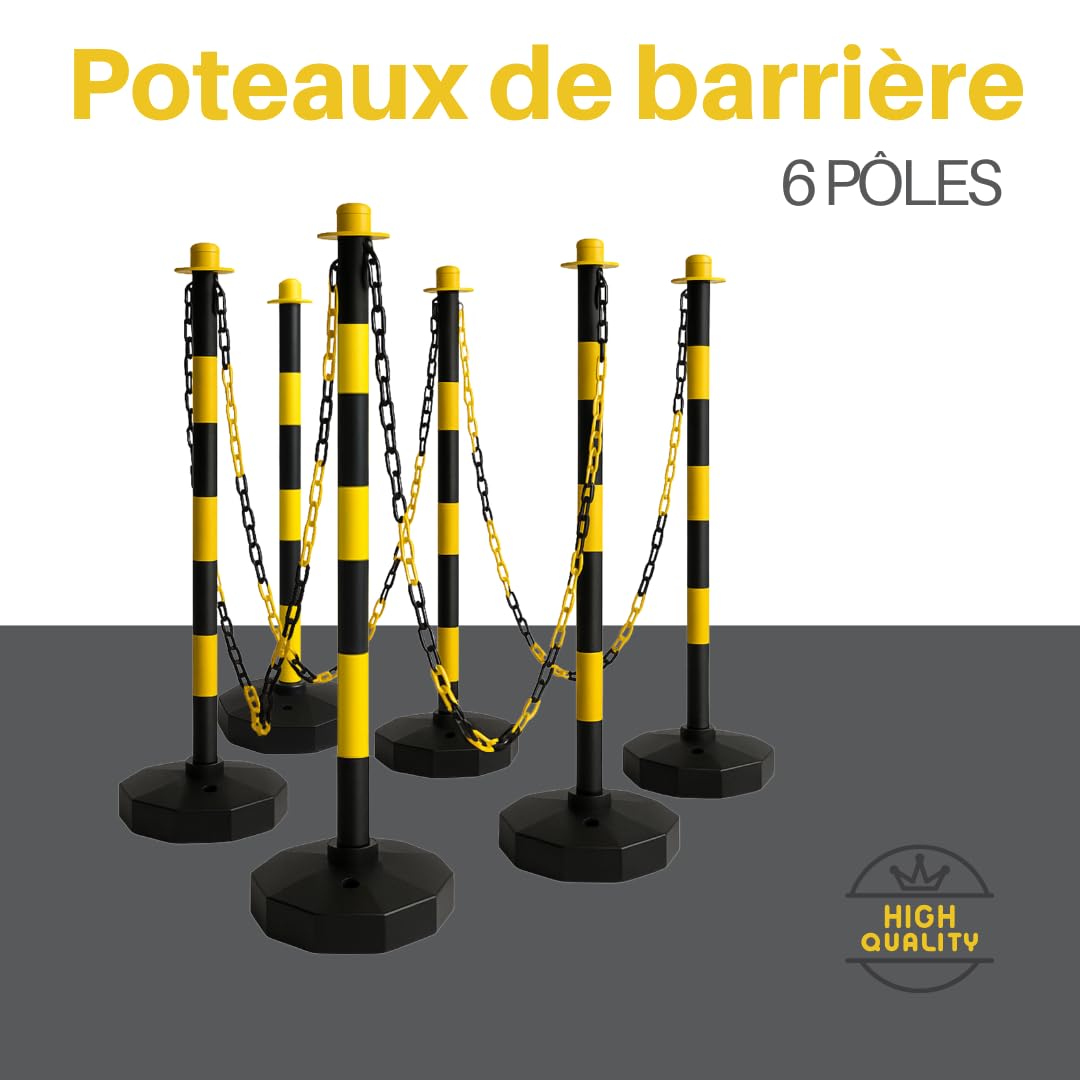 Lot de 6 poteaux de clôture jaune-noir avec chaîne de 22 m - Poteaux de chaîne en plastique et ruban