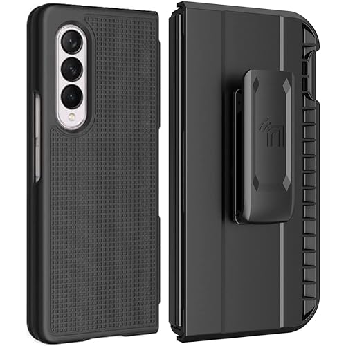Case with Clip and S Pen Slot for Galaxy Z Fold 3 5G, Nakedcellphone [Grid Texture] Slim Hard Cover and Rotating Belt Hip Holster Holder Combo for Samsung Z Fold3 Phone (SM-F926) 2021 - Black Tread